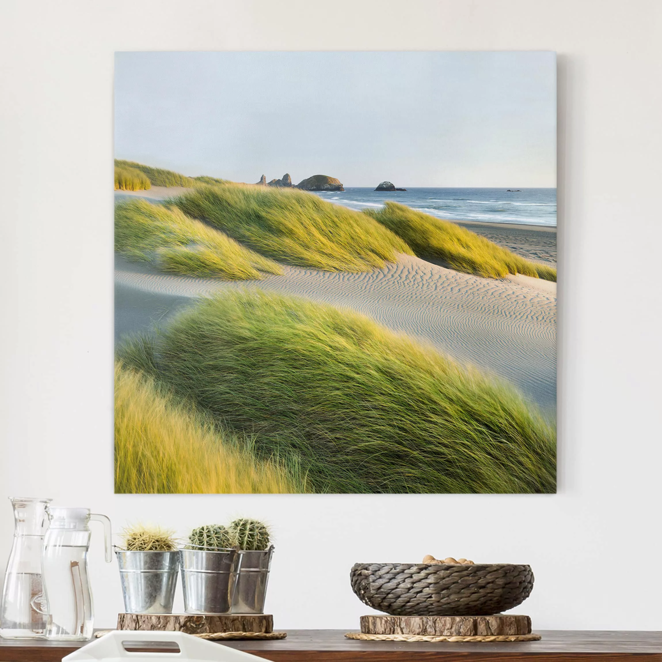 Leinwandbild Strand - Quadrat Dünen und Gräser am Meer günstig online kaufen