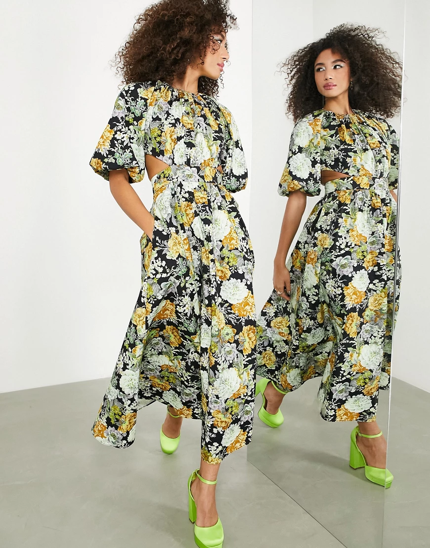 ASOS EDITION – Midikleid mit Blumenprint, Puffärmeln und Zierausschnitt am günstig online kaufen