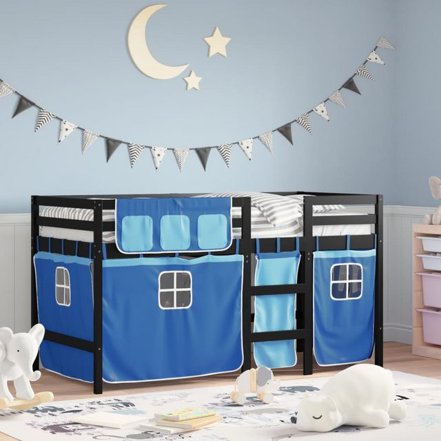 vidaXL Kinderbett Kinderhochbett mit Vorhängen Blau 90x190 cm Massivholz Ki günstig online kaufen