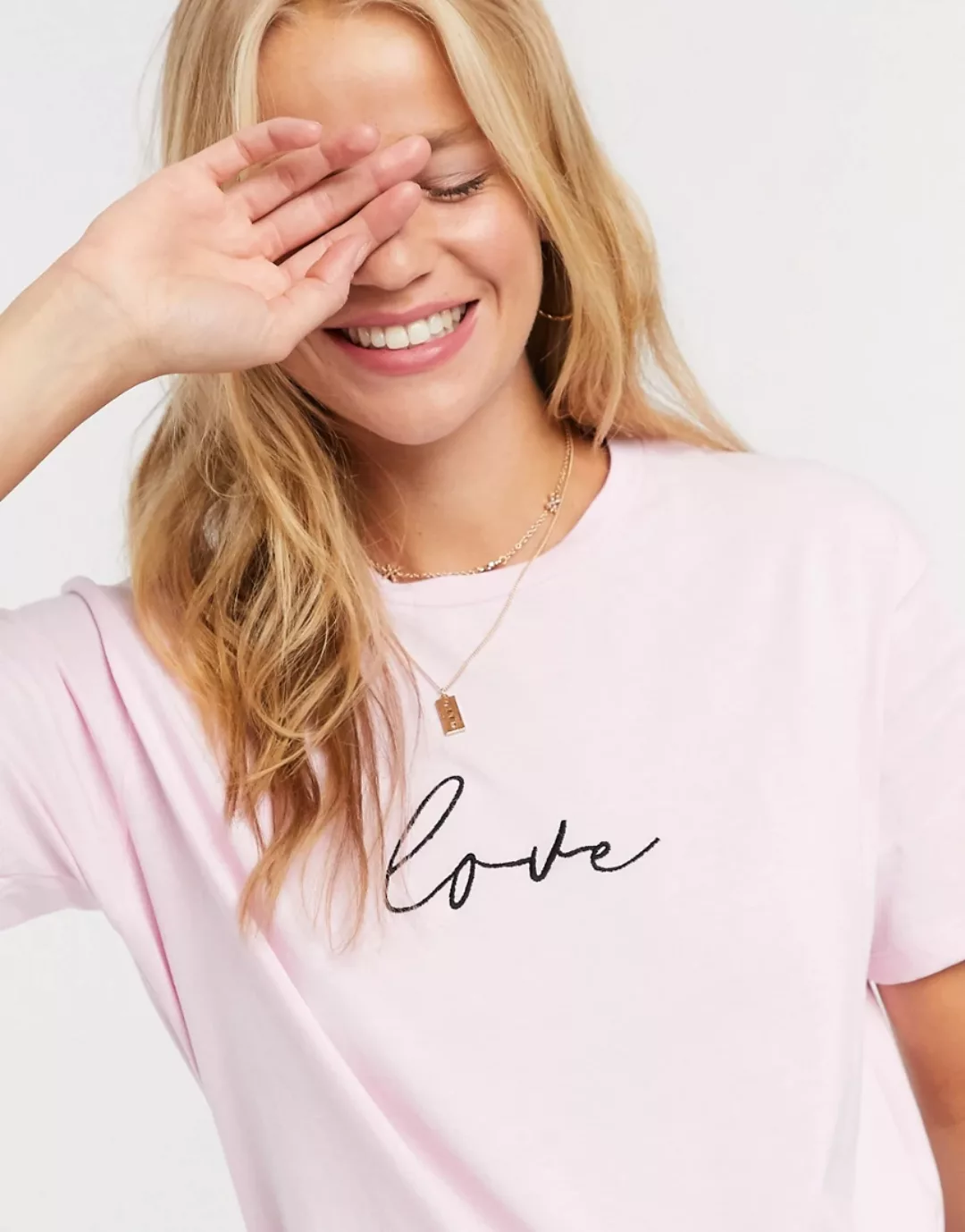New Look – T-Shirt mit Slogan in Blassrosa günstig online kaufen