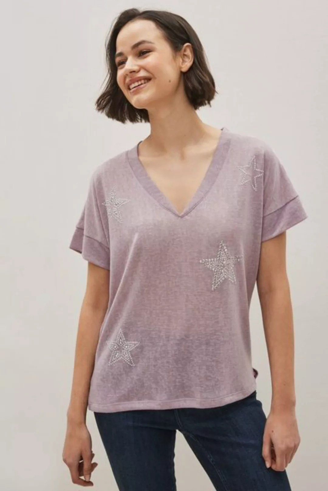Next T-Shirt T-Shirt in Leinenoptik mit V-Ausschnitt und Stern (1-tlg) günstig online kaufen