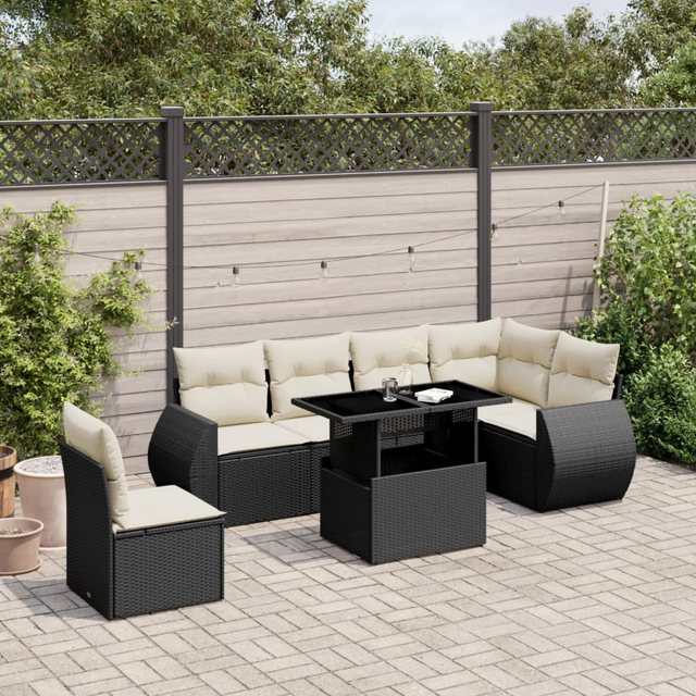 vidaXL Loungesofa 7-tlg. Garten-Sofagarnitur mit Kissen Schwarz Poly Rattan günstig online kaufen
