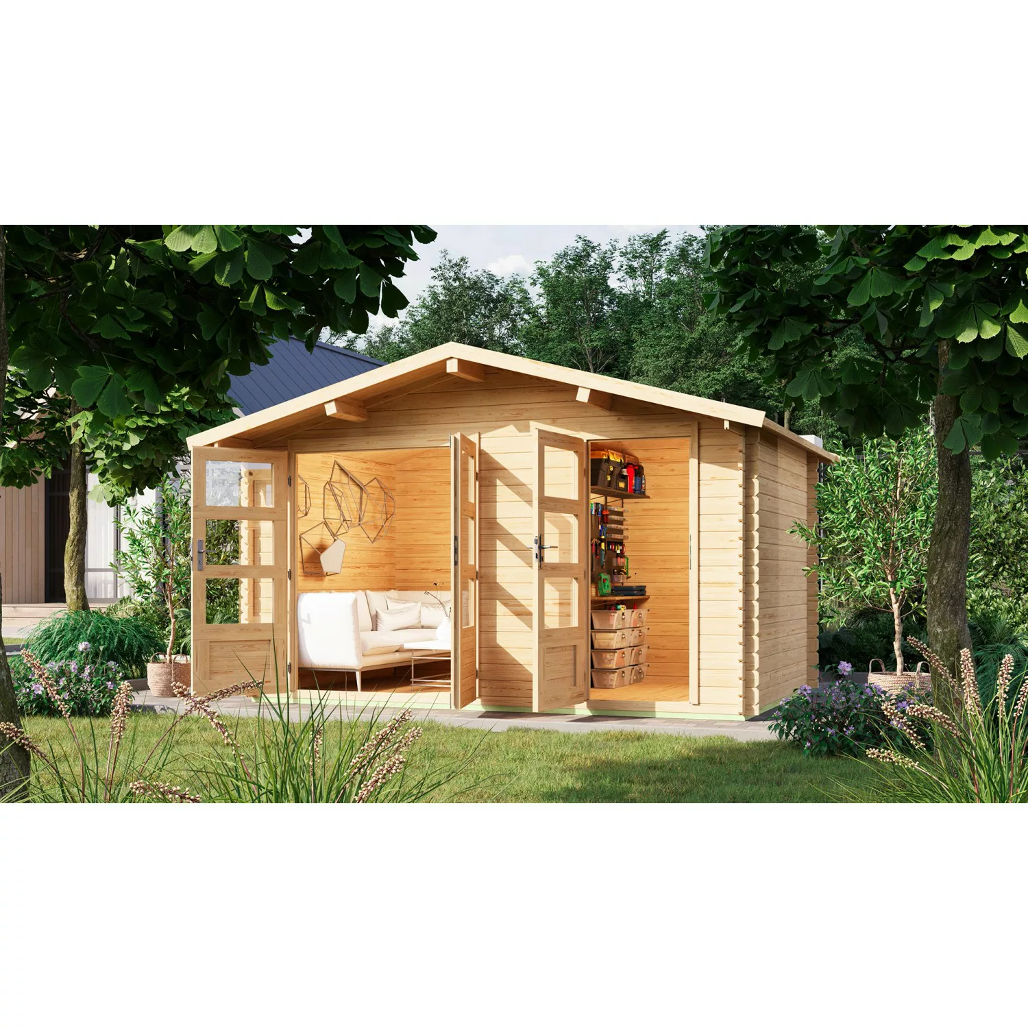 Karibu Holz-Gartenhaus Herning Natur Satteldach Unbehandelt 370 cm x 236 cm günstig online kaufen