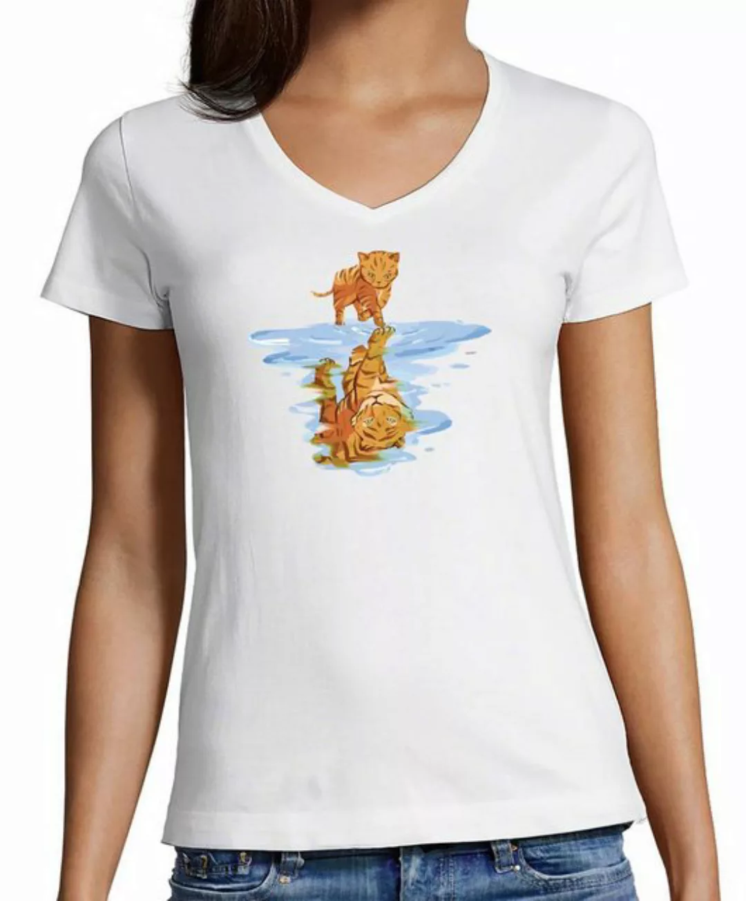 MyDesign24 T-Shirt Damen Katzen Print Shirt bedruckt - Katze spiegelt sich günstig online kaufen