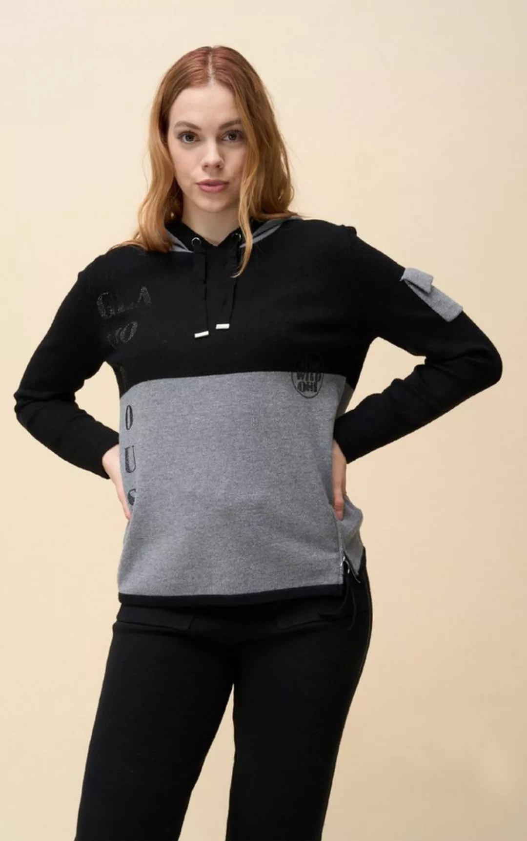 Passioni Kapuzenpullover mit Zuglaschen in grauem und schwarzem Farbblock u günstig online kaufen