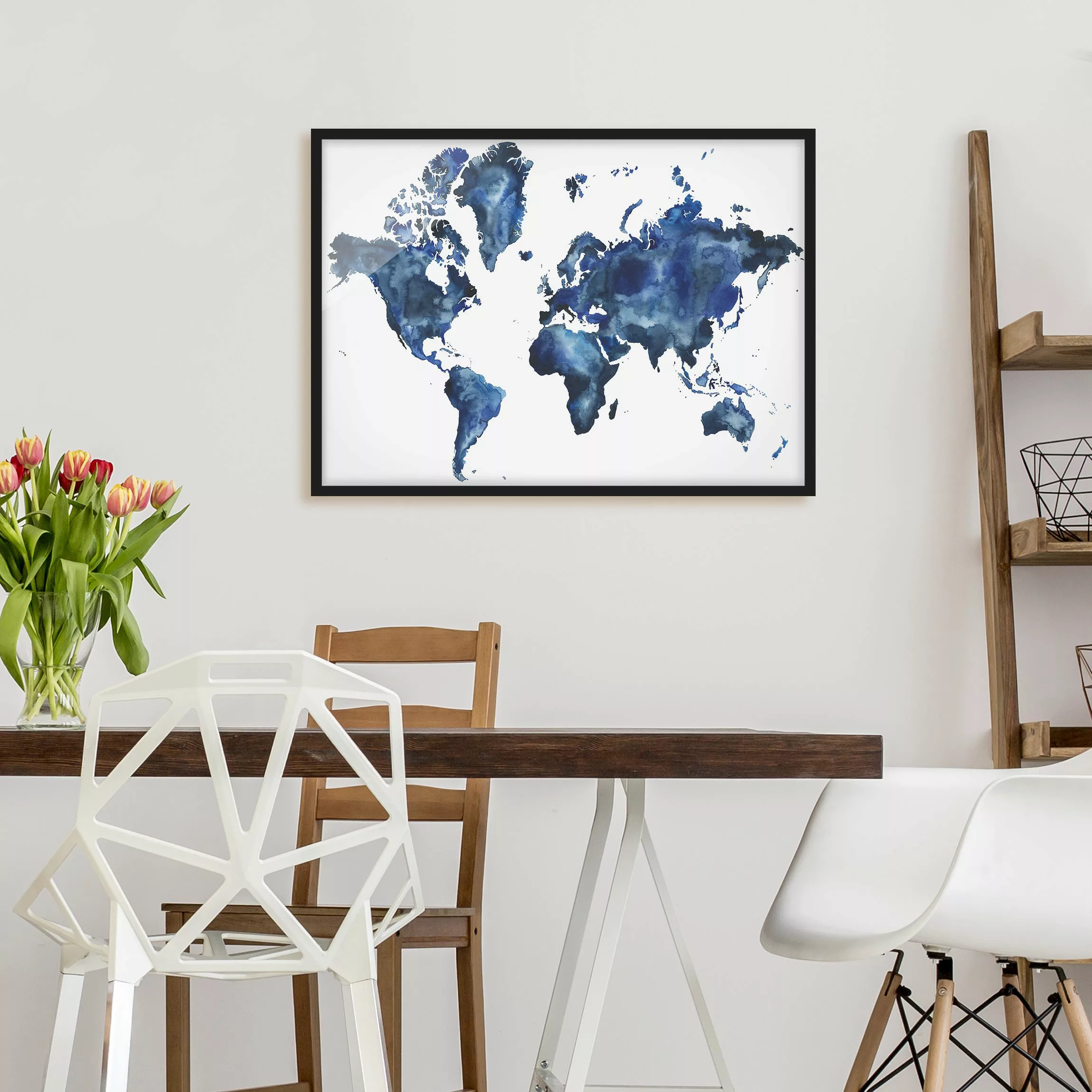 Bild mit Rahmen Stadt-, Land- & Weltkarte - Querformat Wasser-Weltkarte hel günstig online kaufen