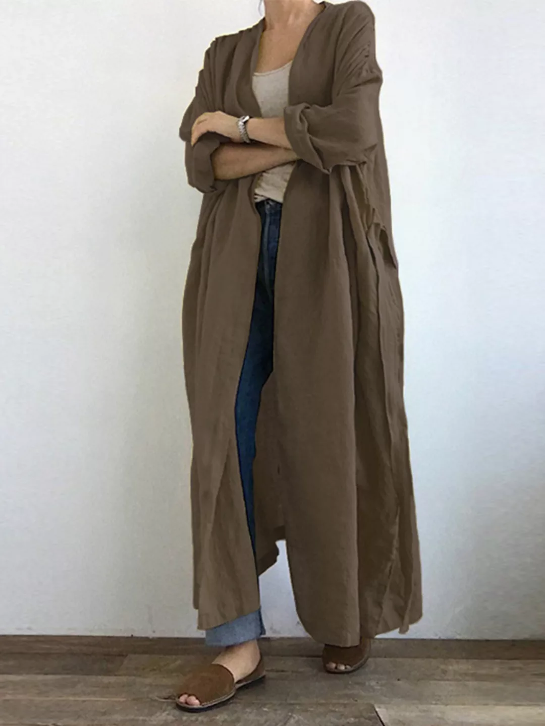 Lässige einfarbige Plissee-Langarm-Strickjacke in Maxi Plus-Größe günstig online kaufen