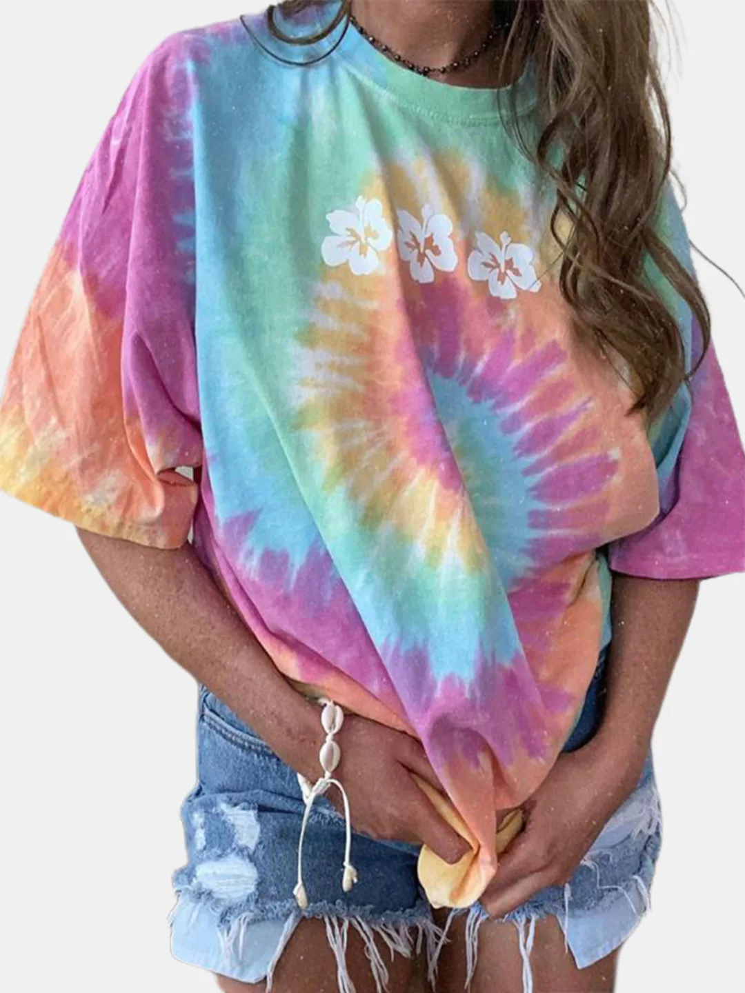 Floral Tie Dye Bedrucktes kurzärmliges T-Shirt mit kurzem Ärmel und O-Aussc günstig online kaufen