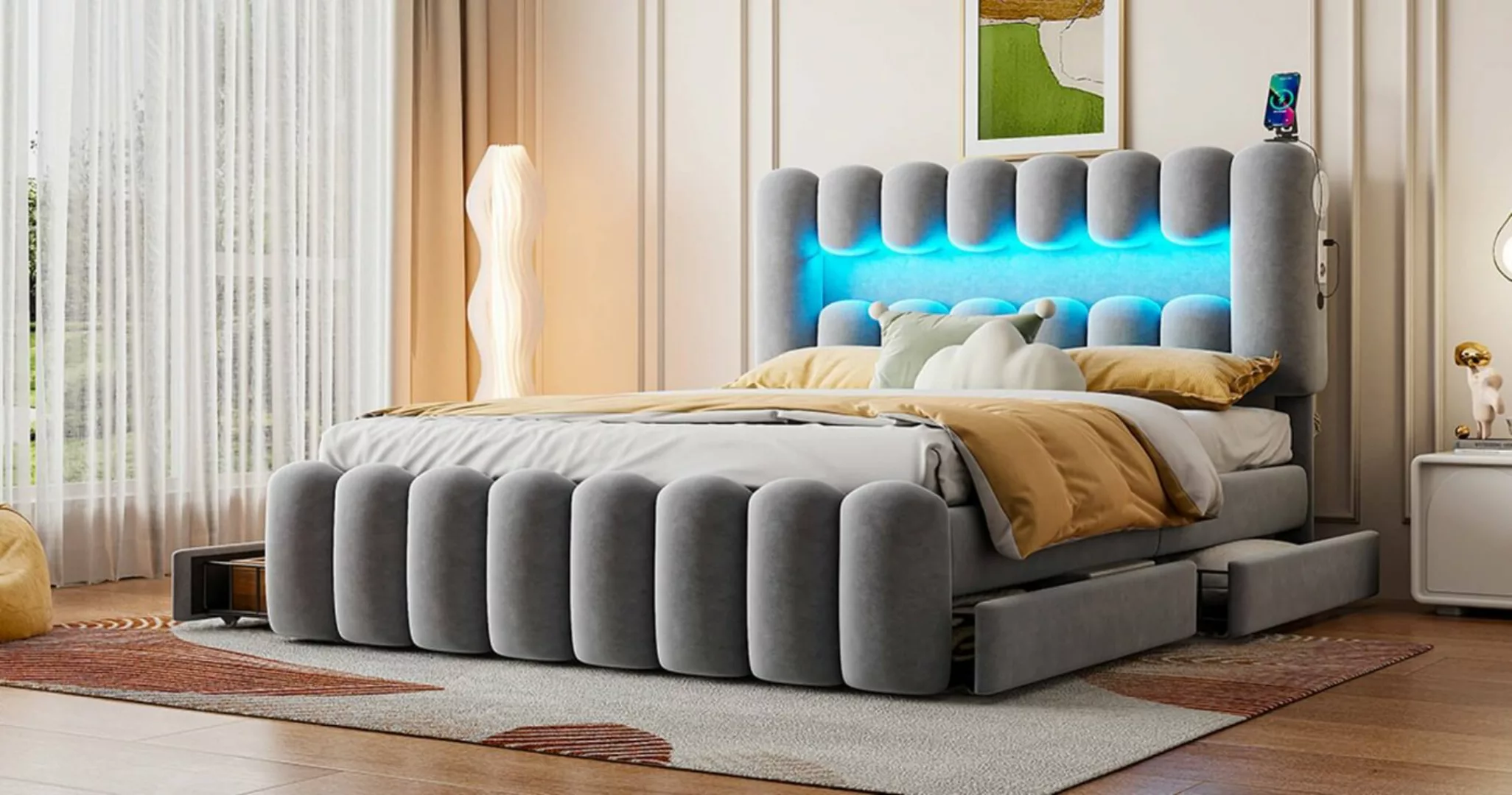 Furnishings Home Polsterbett Doppelbett + Lautsprecher + LED + USB + 4 Schu günstig online kaufen