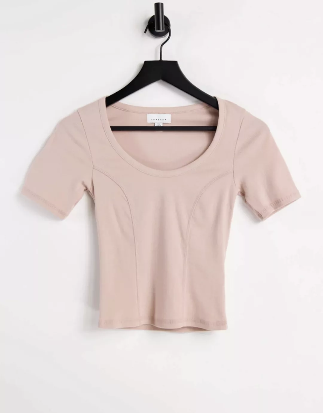 Topshop – Kurzärmliges T-Shirt in Beige mit U-Boot-Ausschnitt-Neutral günstig online kaufen