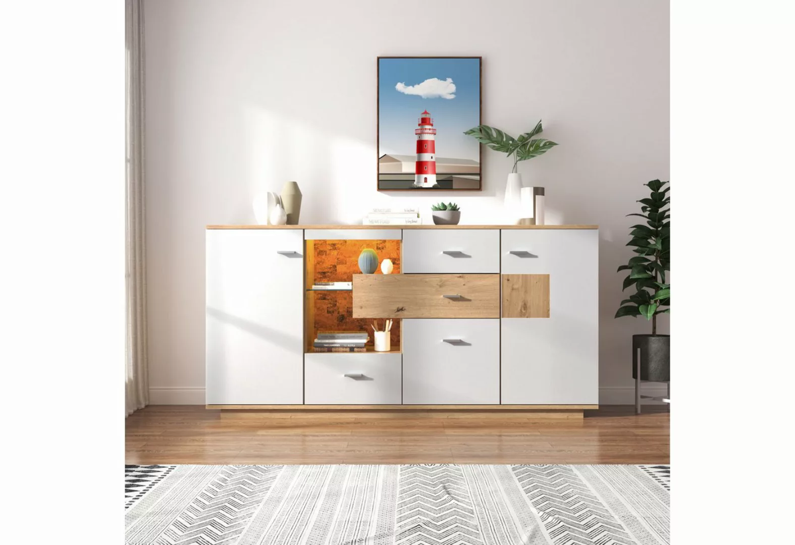 IDEASY Fächerschrank Sideboard, Aufbewahrungsschrank mit 15-farbiger LED-Be günstig online kaufen