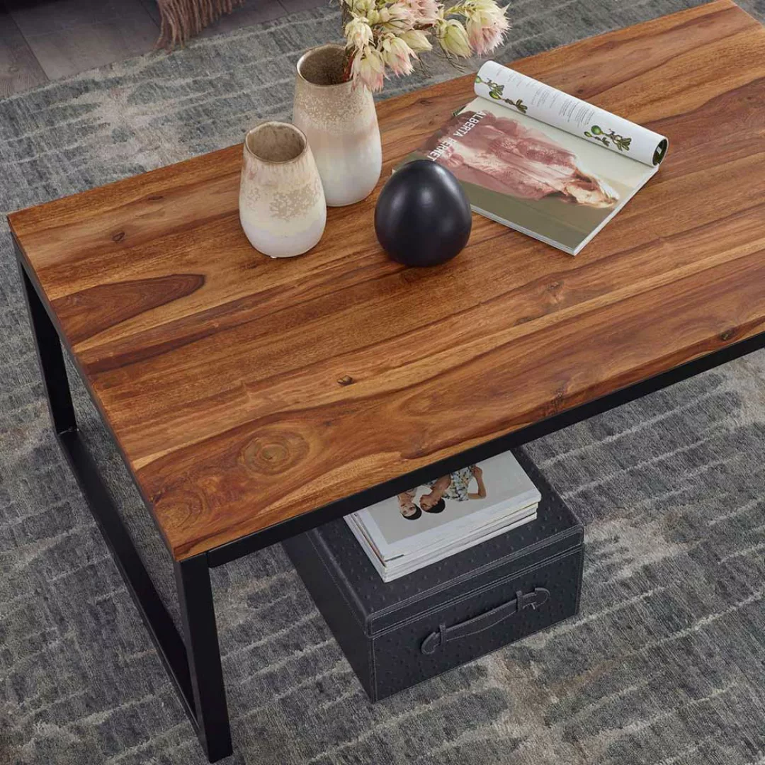 Sofa Tisch Industriestil aus Sheesham Massivholz Bügelgestell günstig online kaufen