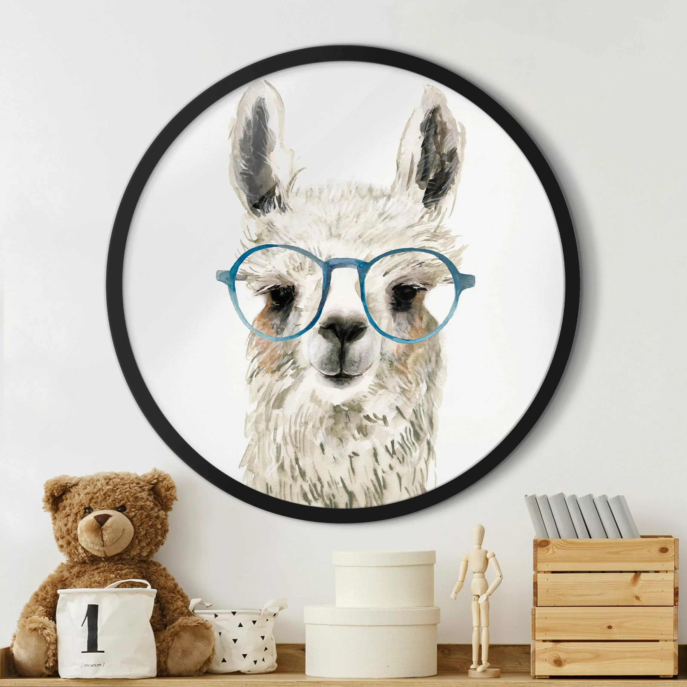 Rundes Gerahmtes Bild Hippes Lama mit Brille III günstig online kaufen