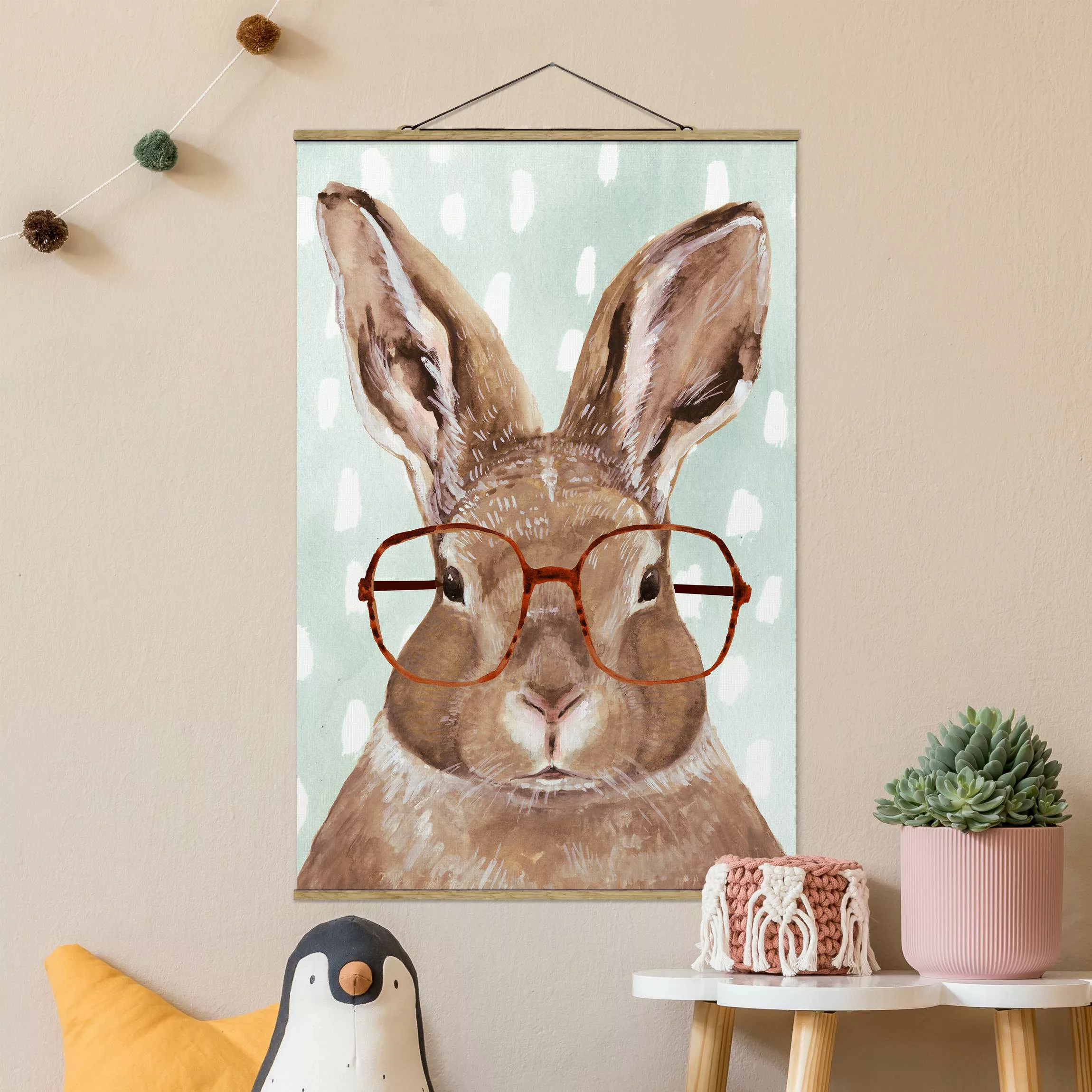 Stoffbild Tiere mit Posterleisten - Hochformat Bebrillte Tiere - Hase günstig online kaufen