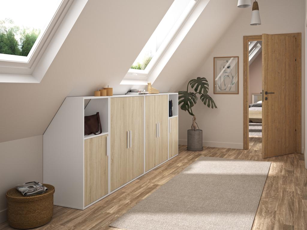 Schrank unter Dachschräge mit 6 Türen & 2 Ablagen - Weiß & Holzfarben - ADE günstig online kaufen