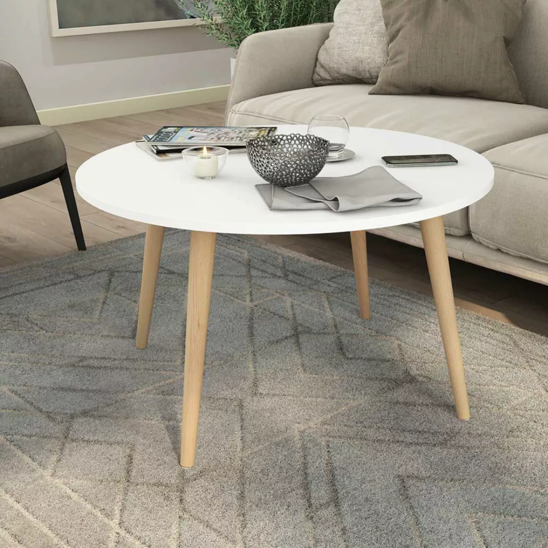 Skandi Stil Couchtisch mit runder Tischplatte 46 cm hoch günstig online kaufen