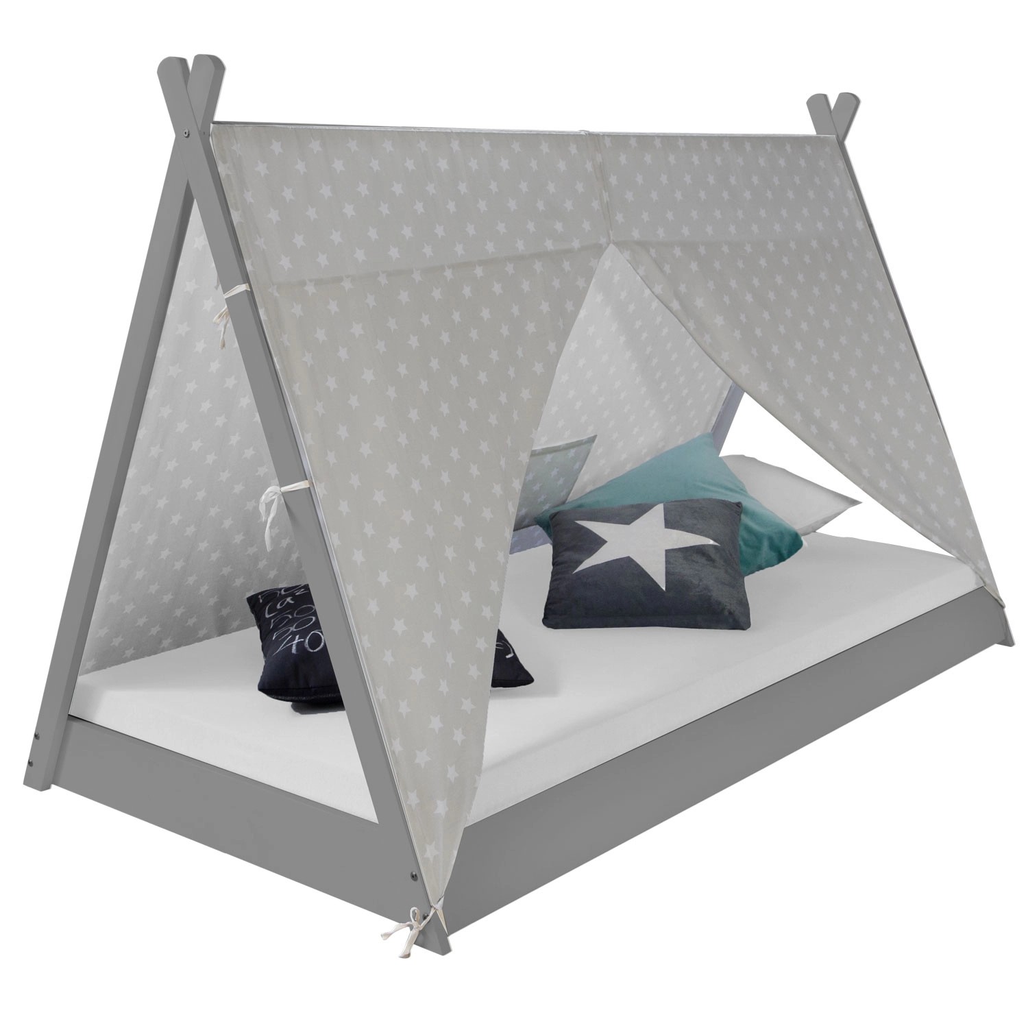 Homestyle4u Kinderbett 90x200 Hausbett TIPI Weiß oder Grau Vorhang Sterne H günstig online kaufen