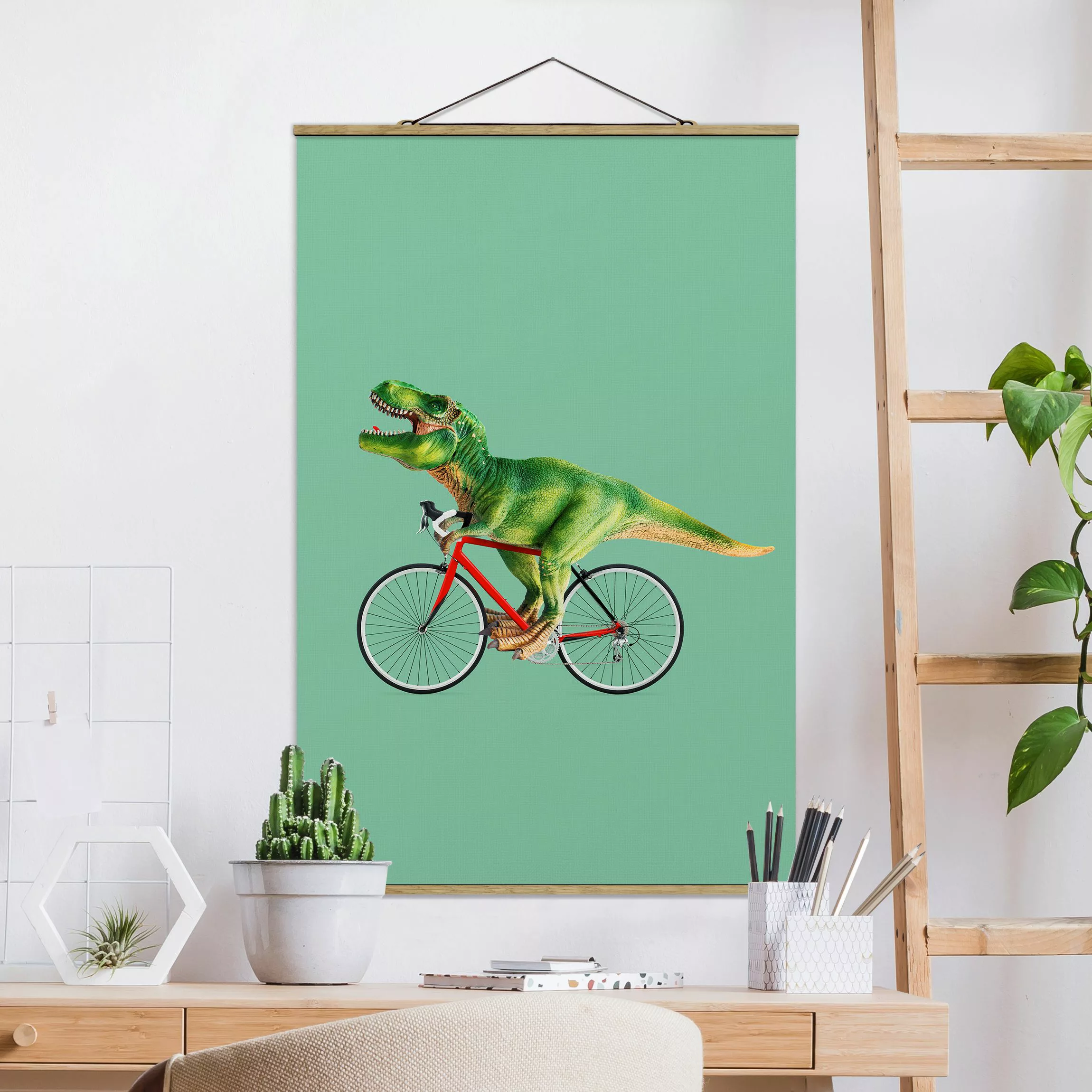 Stoffbild Kinderzimmer mit Posterleisten - Hochformat Dinosaurier mit Fahrr günstig online kaufen