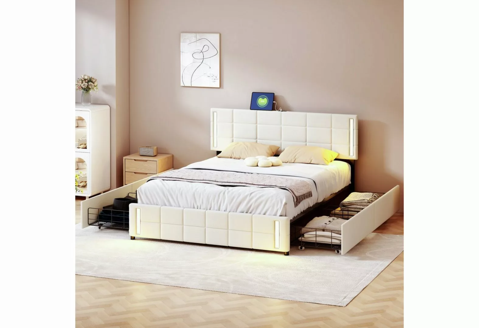 BlingBin Polsterbett Doppelbett 140*200cm mit 4 Schubladen LED-Lichtsteckdo günstig online kaufen