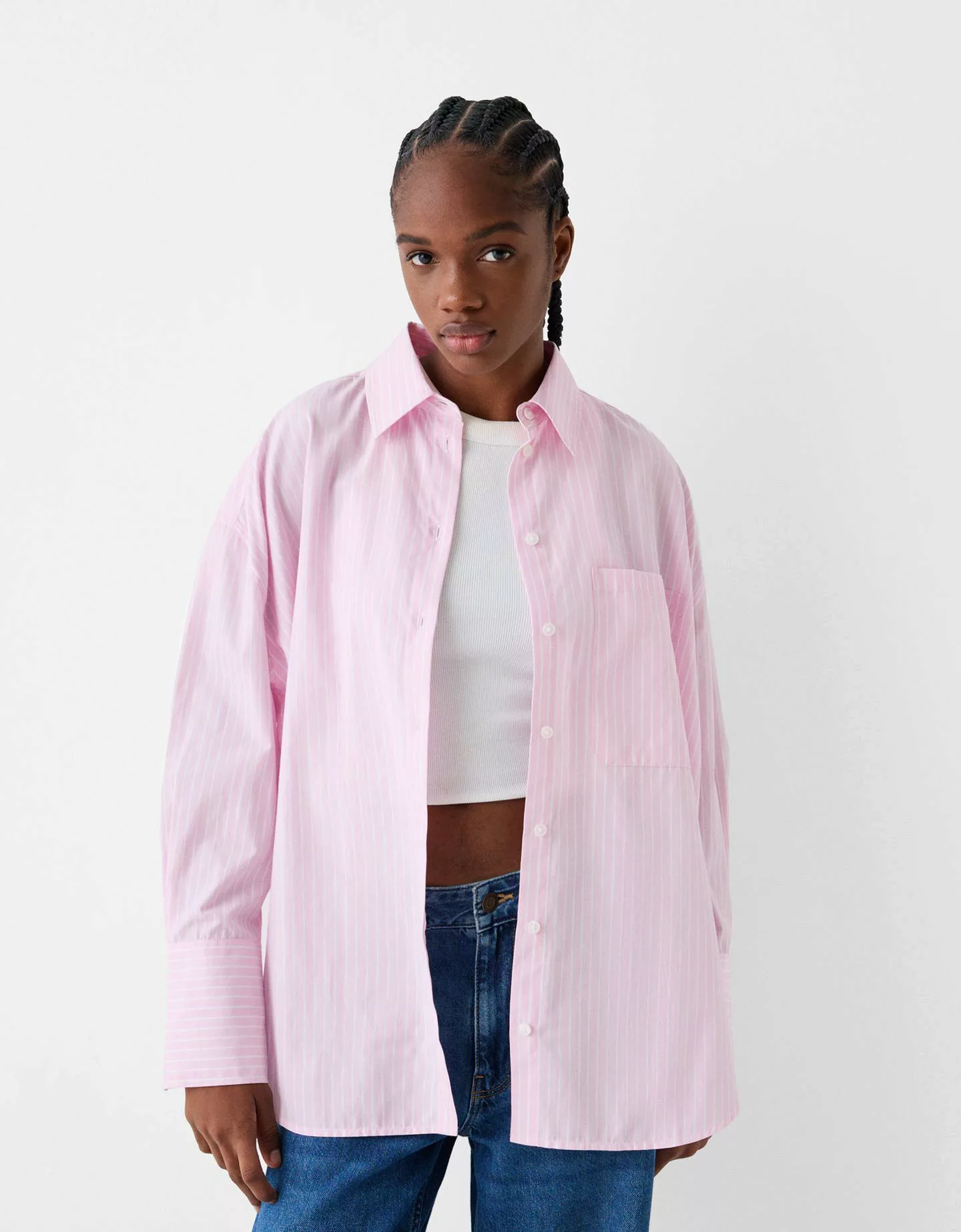 Bershka Oversize-Hemd Mit Langen Ärmeln Und Streifen Damen M Rosa günstig online kaufen