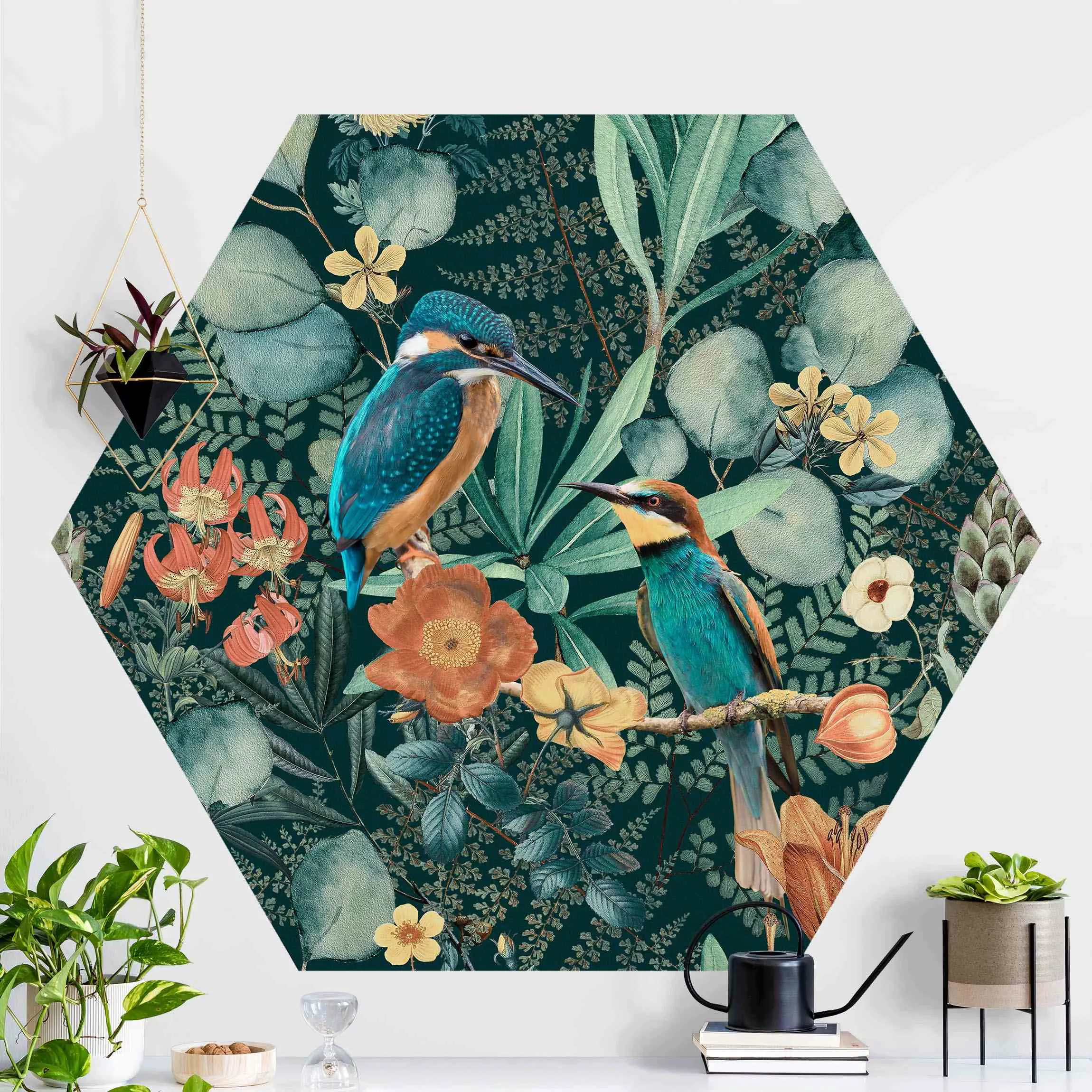 Hexagon Fototapete selbstklebend Blumenparadies Eisvogel und Kolibri günstig online kaufen