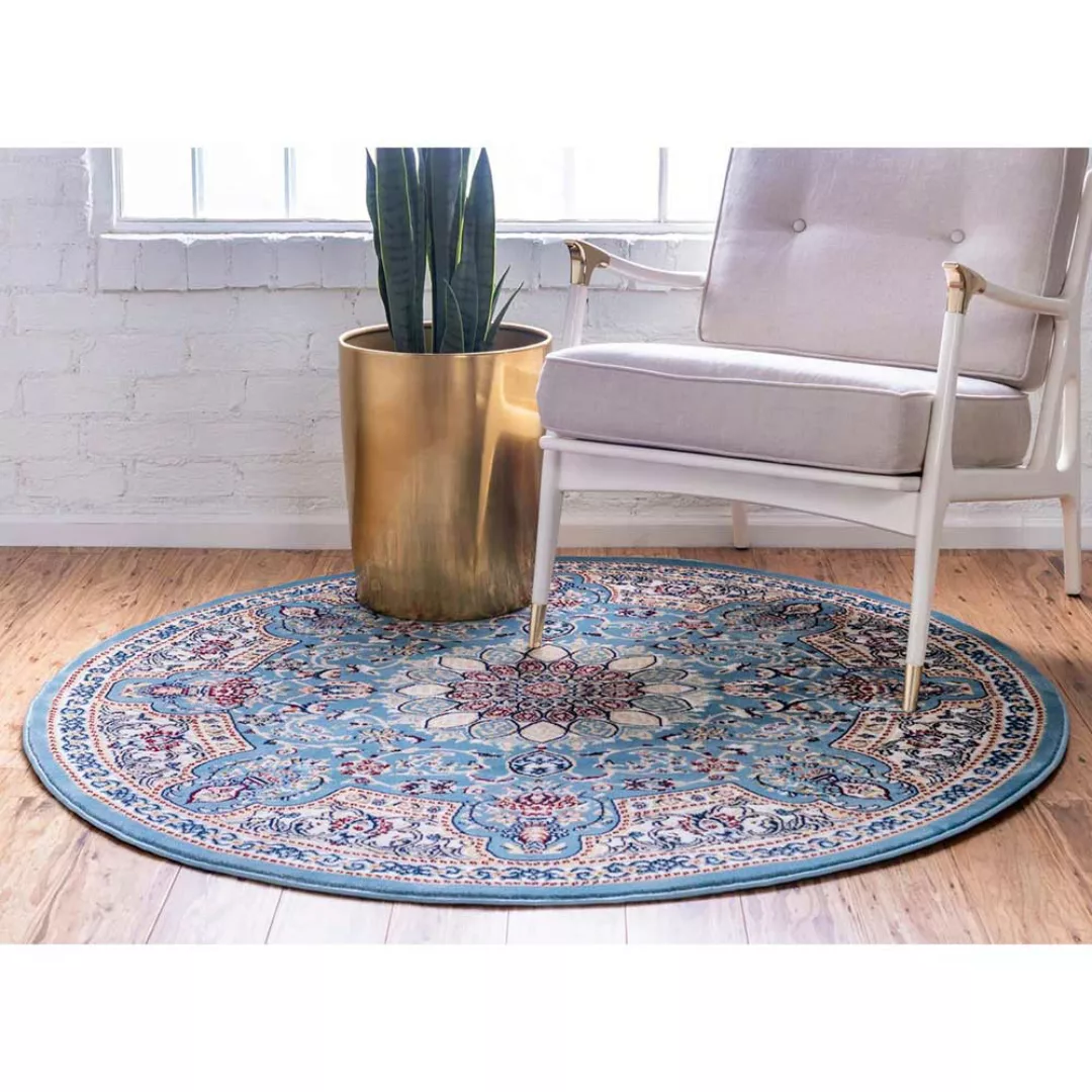 Runder Teppich mit Orient Muster in Blau Cremefarben günstig online kaufen