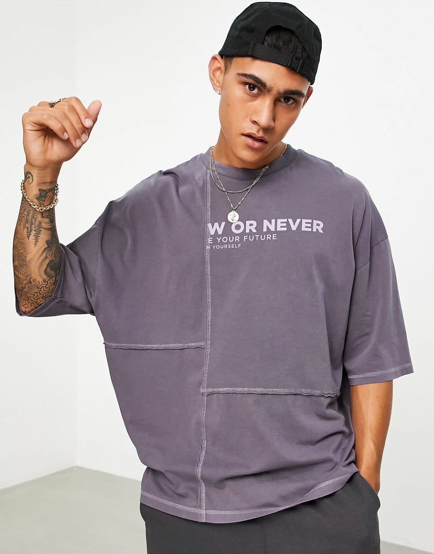 ASOS DESIGN – Oversize-T-Shirt in verwaschenem Schwarz mit Textprint und Zi günstig online kaufen