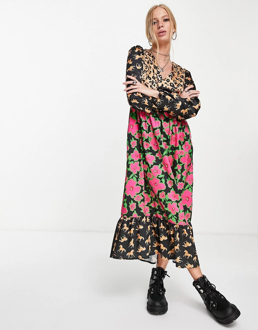 Twisted Wunder – Midaxi-Kleid mit Ballonärmeln und buntem Muster-Mehrfarbig günstig online kaufen