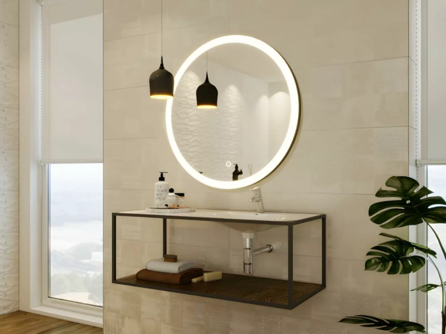 Badezimmerspiegel rund mit LED-Beleuchtung - 80 x 80 cm - Schwarz - NUMEA günstig online kaufen