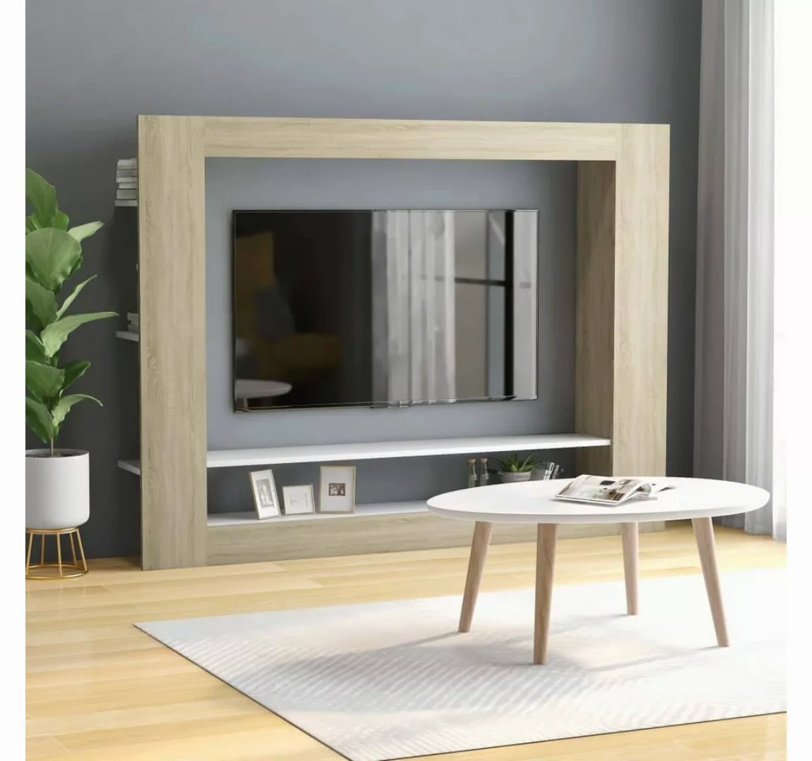 furnicato TV-Schrank Weiß und Sonoma-Eiche 152x22x113 cm Holzwerkstoff günstig online kaufen