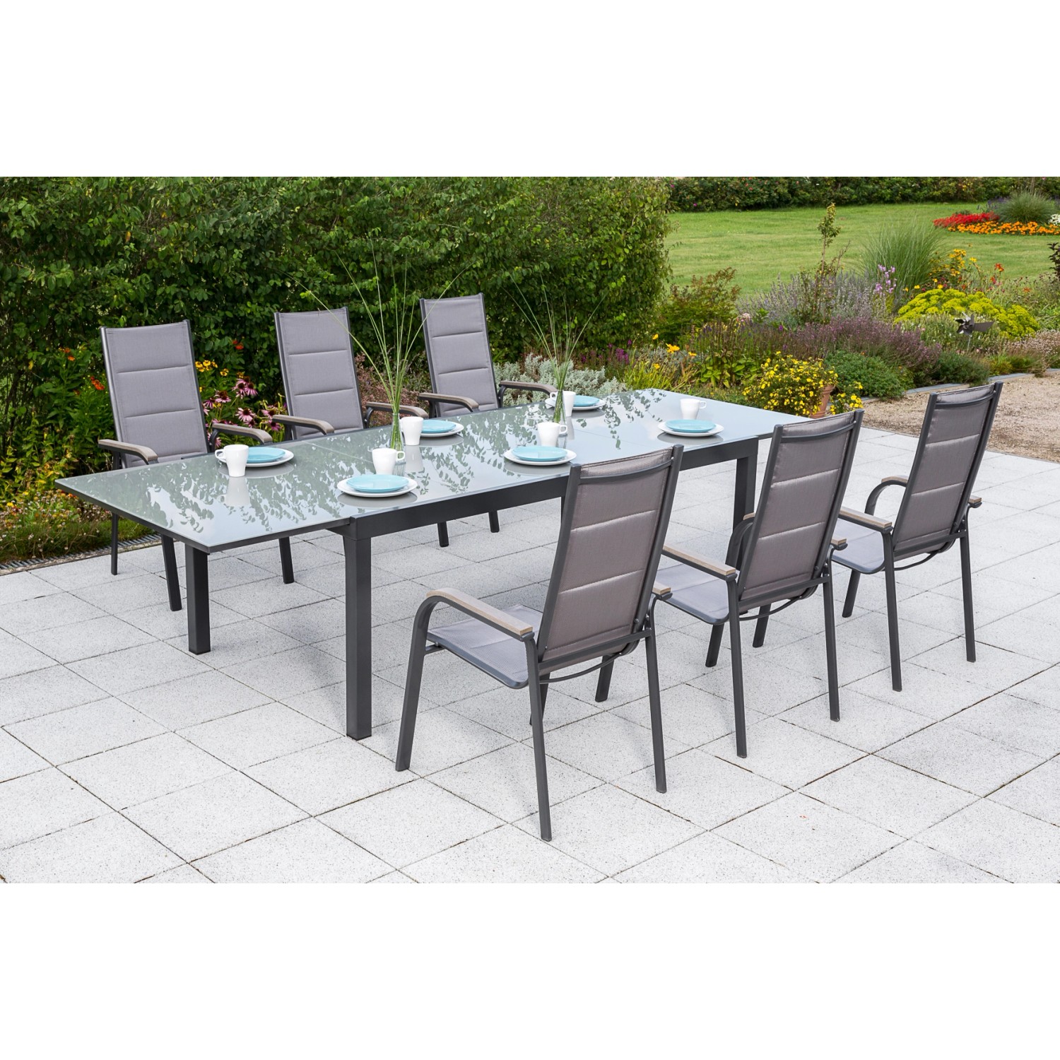 Merxx Trivero Set 7-tlg. 6 Stapelsessel Auszieh-Gartentisch 200 (300) x 110 günstig online kaufen