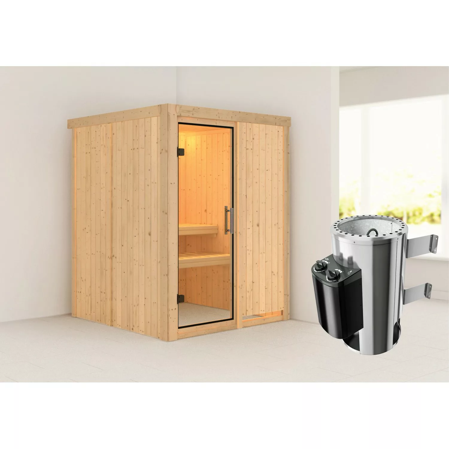 Karibu Sauna mit Ofen integrierte Stg.Natur günstig online kaufen