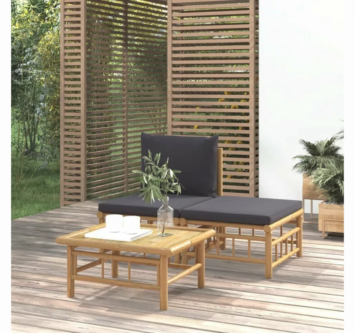vidaXL Loungesofa 3-tlg. Garten-Lounge-Set mit Dunkelgrauen Kissen Bambus, günstig online kaufen