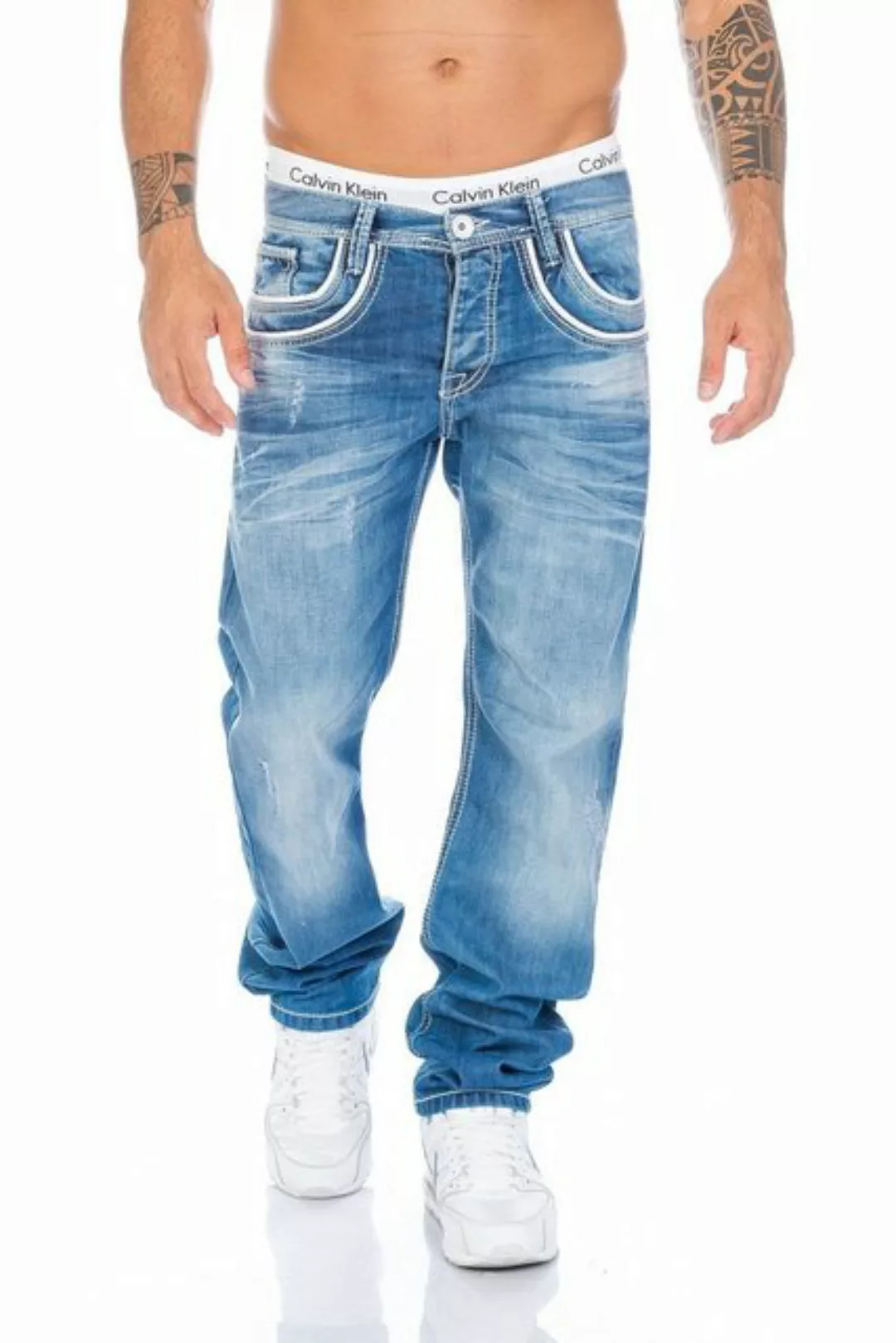 Cipo & Baxx Regular-fit-Jeans Herren Jeans Hose mit weißen Applikationen Je günstig online kaufen
