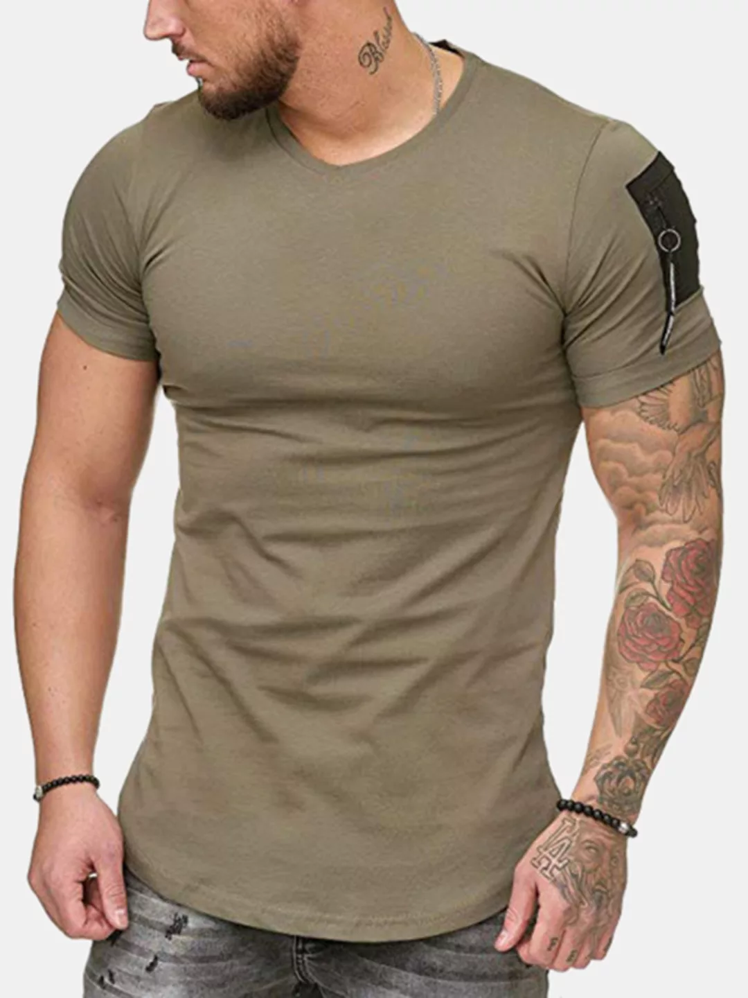 Herren einfarbig Ärmel Seite Reißverschluss Design Casual Home T-Shirt günstig online kaufen