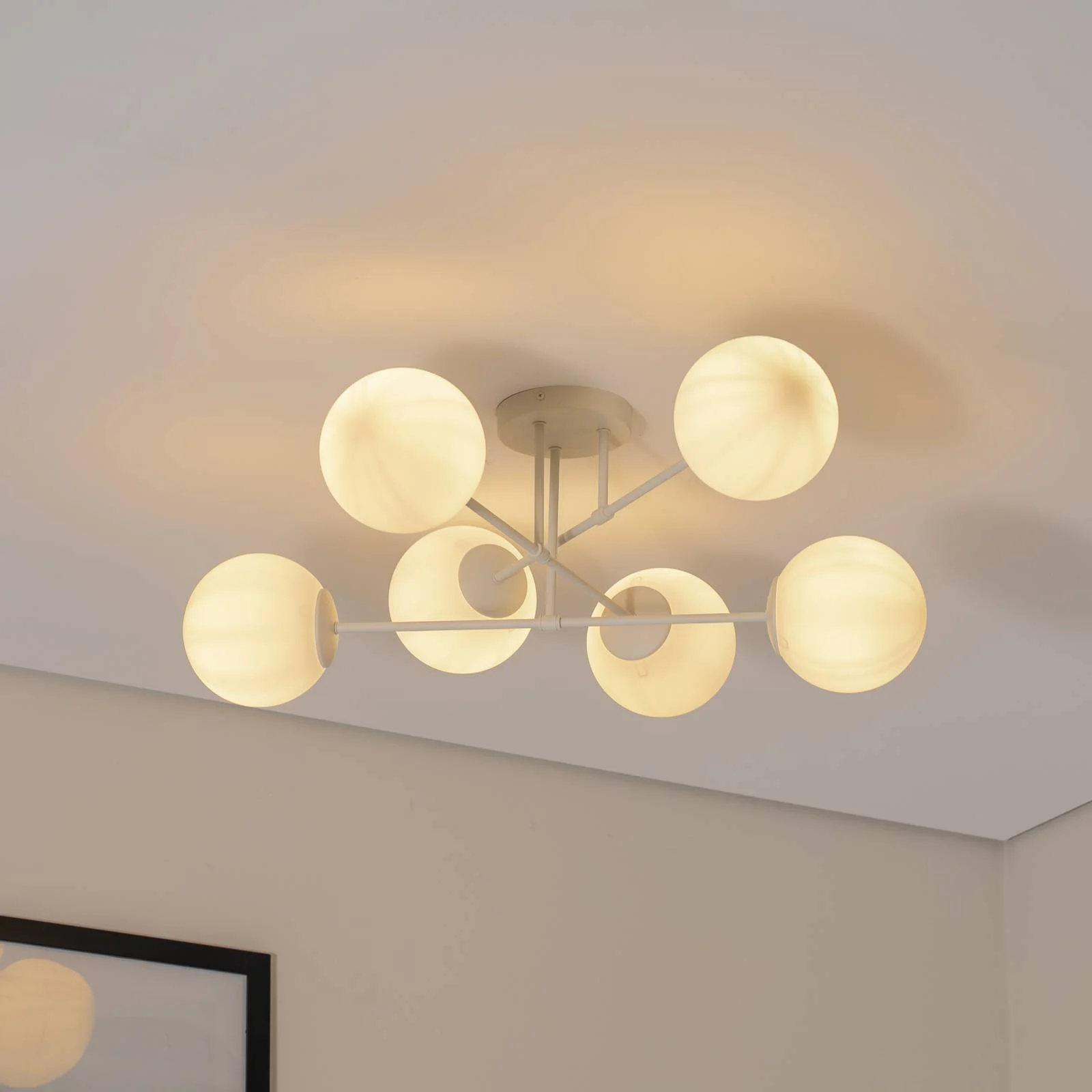 Deckenleuchte Moon, 87 cm, 6-flammig, sandfarben, Glas, E27 günstig online kaufen