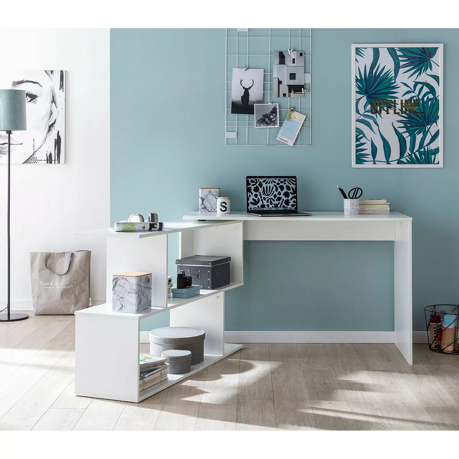 Design Schreibtisch Weiß Matt 119 x 78 x 49 cm mit Ablage Regal | Eckschrei günstig online kaufen