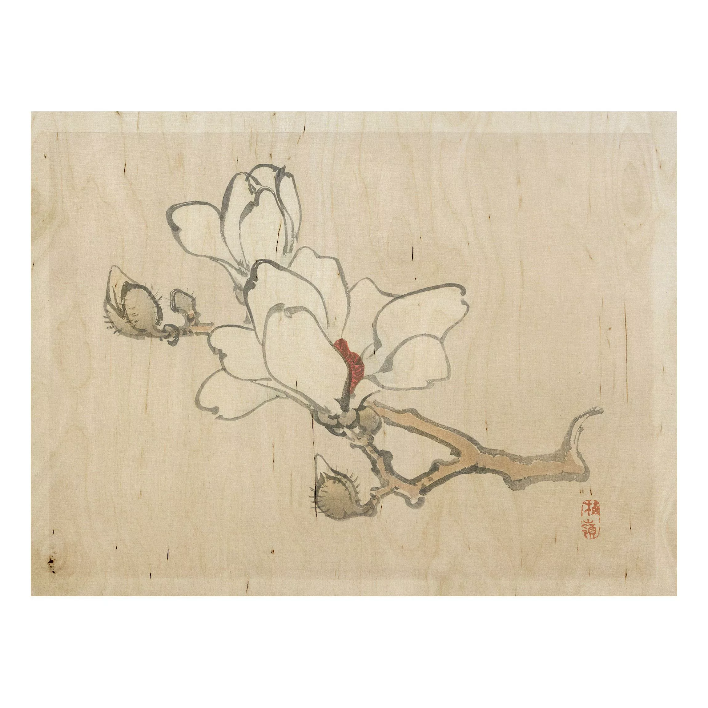 Holzbild Blumen - Querformat 4:3 Asiatische Vintage Zeichnung Weiße Magnoli günstig online kaufen
