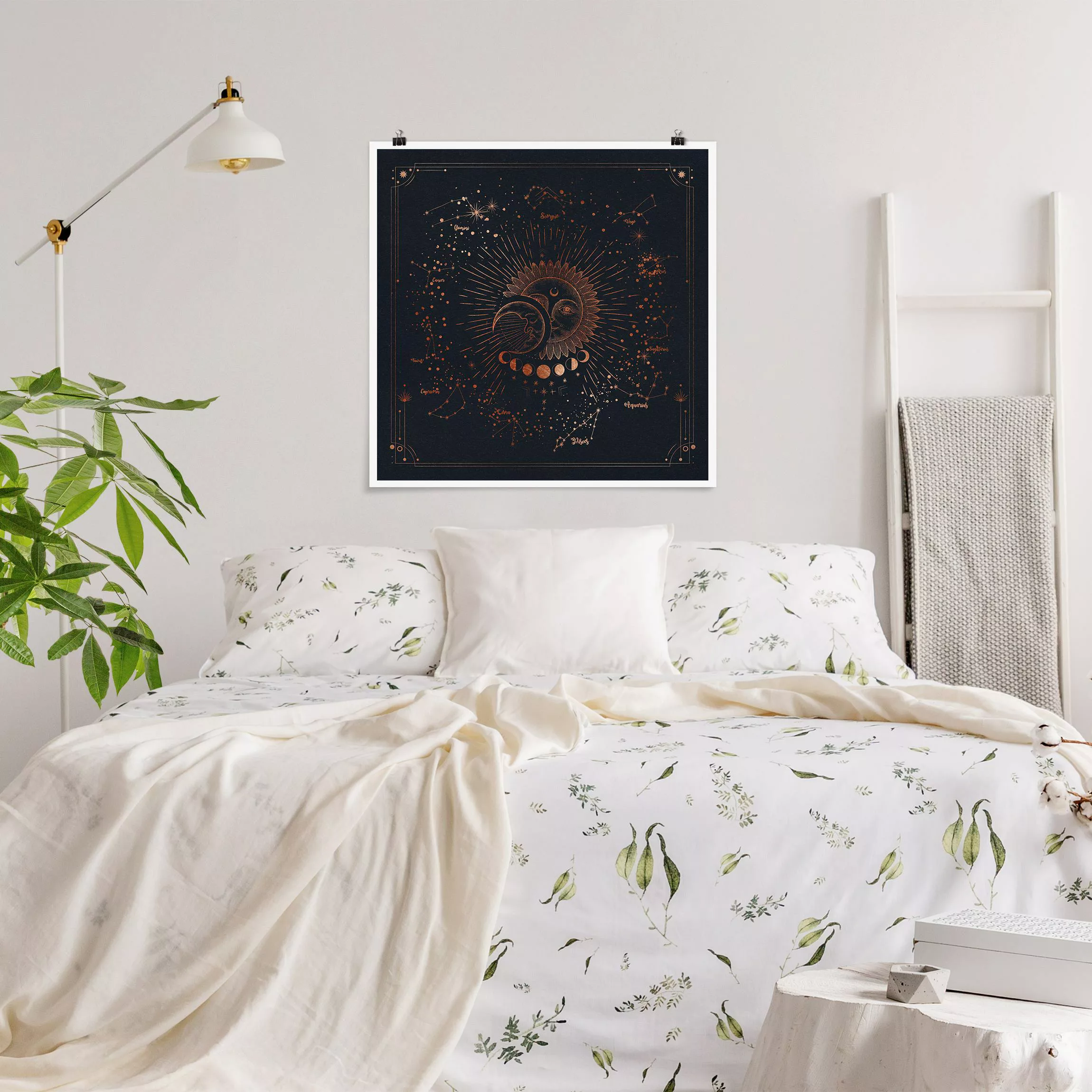 Poster Astrologie Sonne Mond und Sterne Blau Gold günstig online kaufen