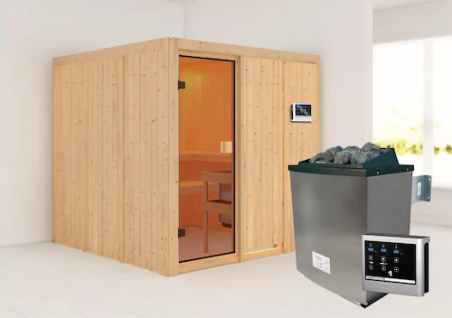 Karibu Sauna »"Ouno" mit bronzierter Tür SET naturbelassen mit Ofen 9 kW ex günstig online kaufen