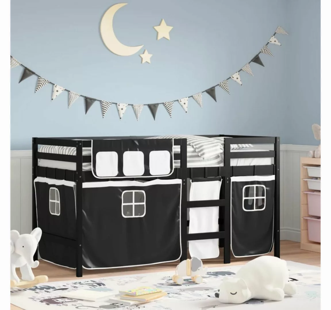 vidaXL Bett Kinderhochbett mit Vorhängen Weiß Schwarz 90x200 cm Kiefernholz günstig online kaufen