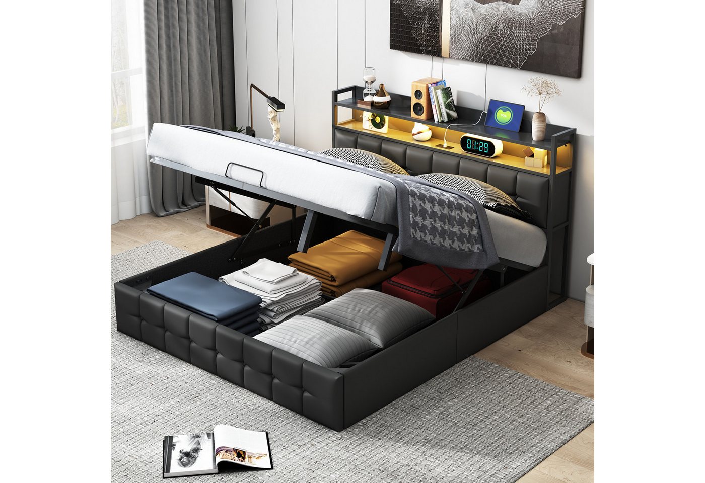 Furnishings Home Polsterbett 140/160x200cm Doppelbett Schwarz PU (Set, Bett günstig online kaufen