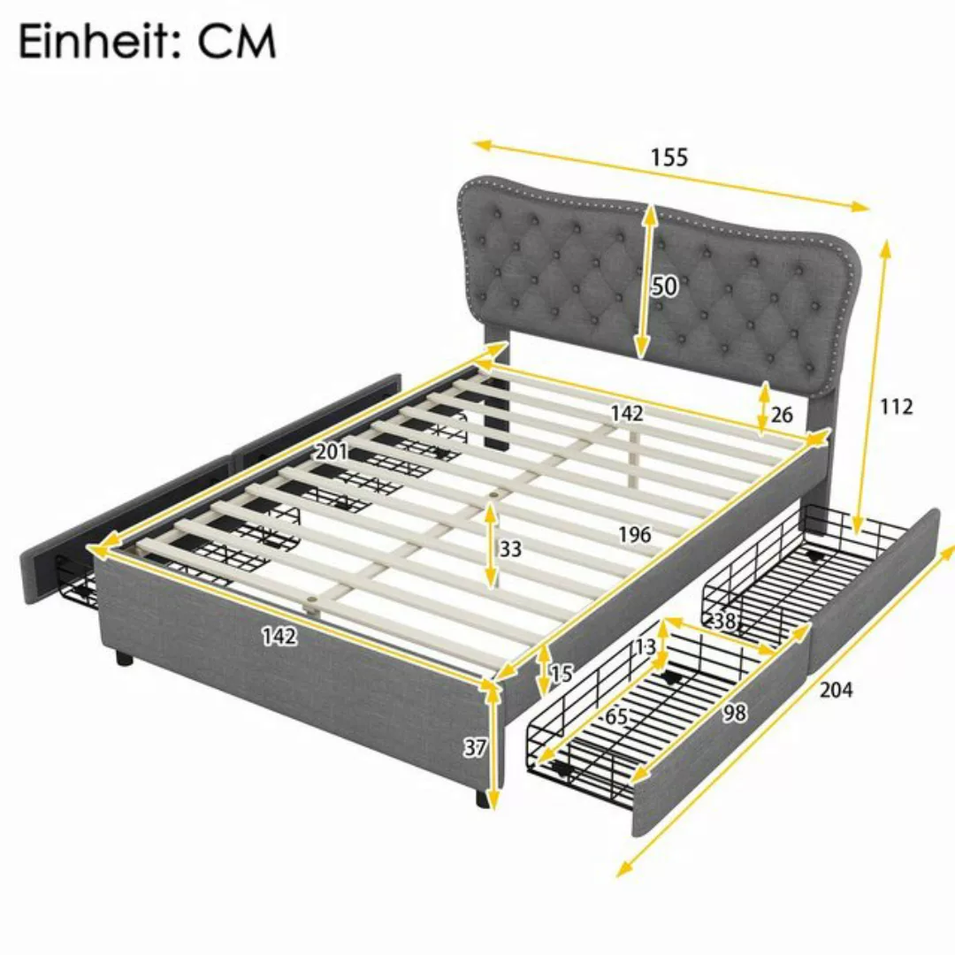 Ulife Polsterbett Doppelbett Stauraumbett mit vier Schubladen, Leinen, 140* günstig online kaufen