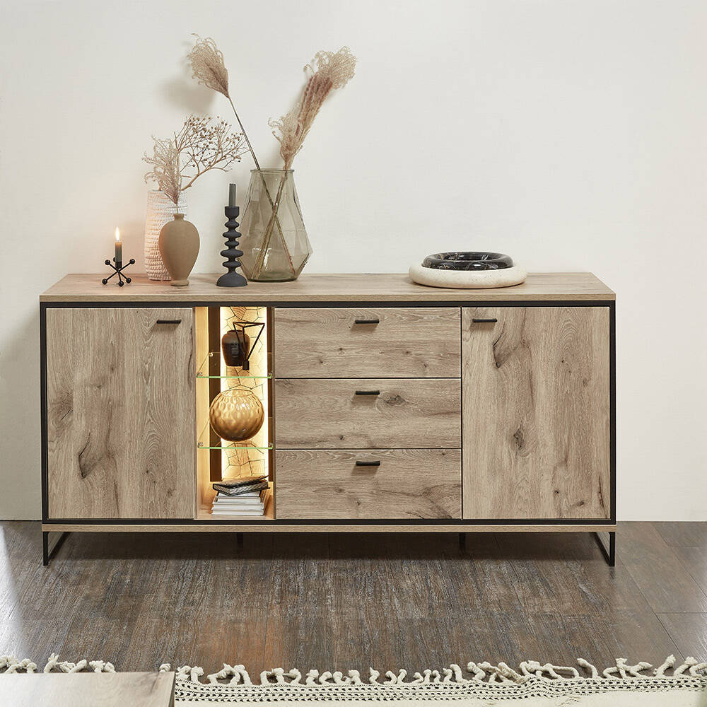 Sideboard 180cm mit Beleuchtung, Eiche mit schwarz, RINGSTED-55 günstig online kaufen