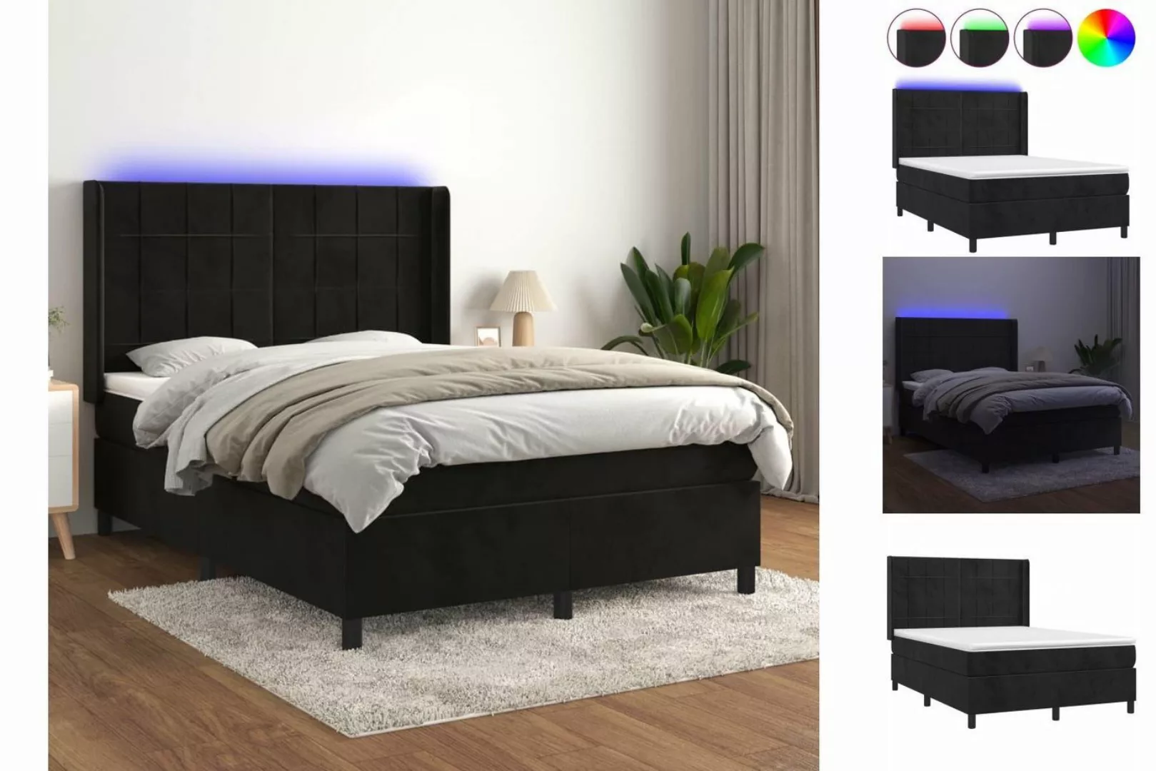 vidaXL Bettgestell Boxspringbett mit Matratze LED Schwarz 140x200 cm Samt B günstig online kaufen