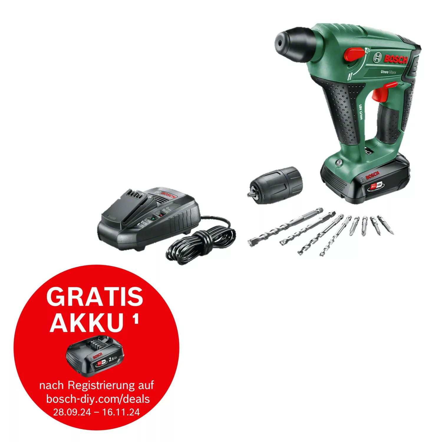 Bosch 18 V Akku-Bohrhammer Uneo Maxx inkl. Akku, Ladegerät & Zusatzbohrfutt günstig online kaufen