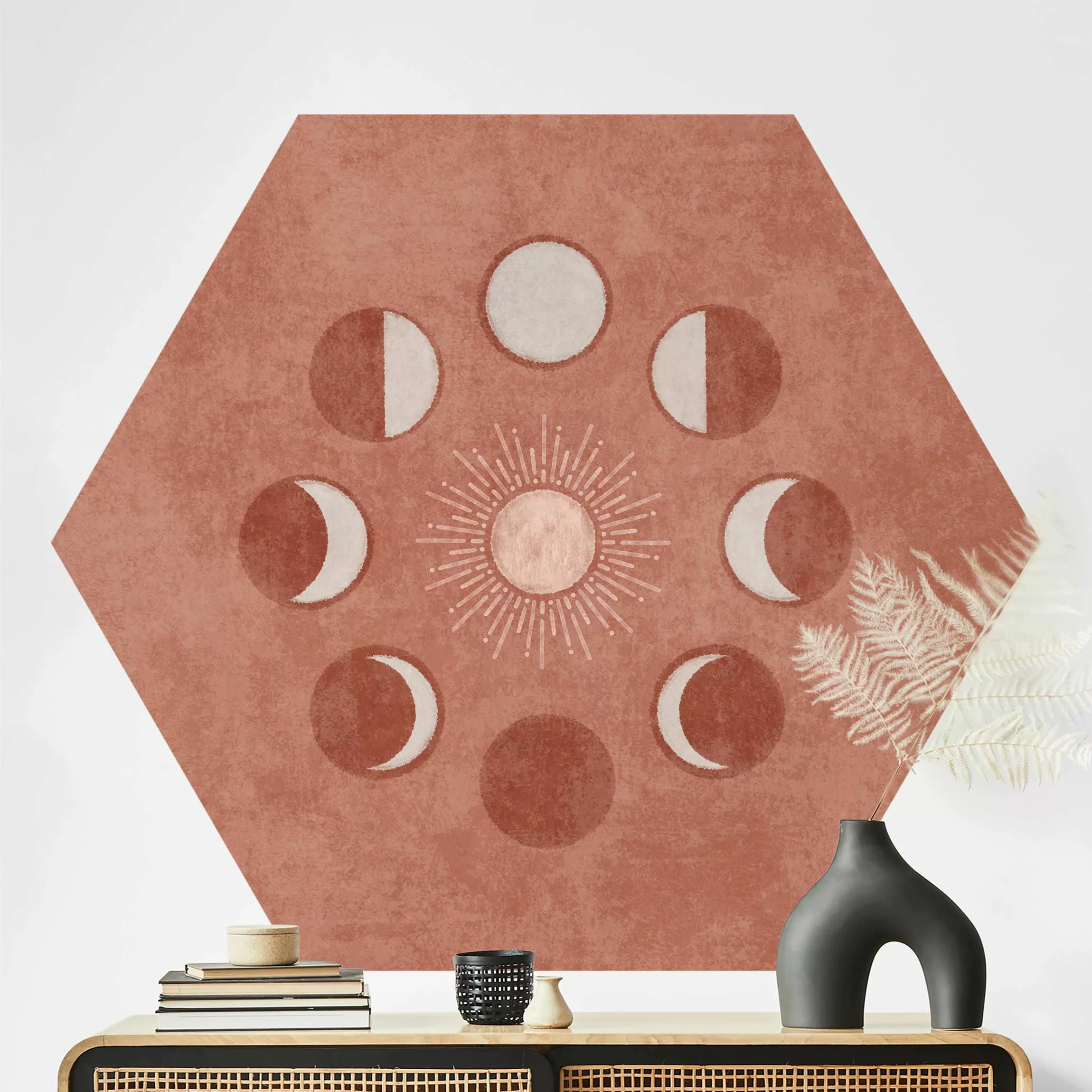 Hexagon Tapete selbstklebend Boho Mondphasen mit Sonne günstig online kaufen