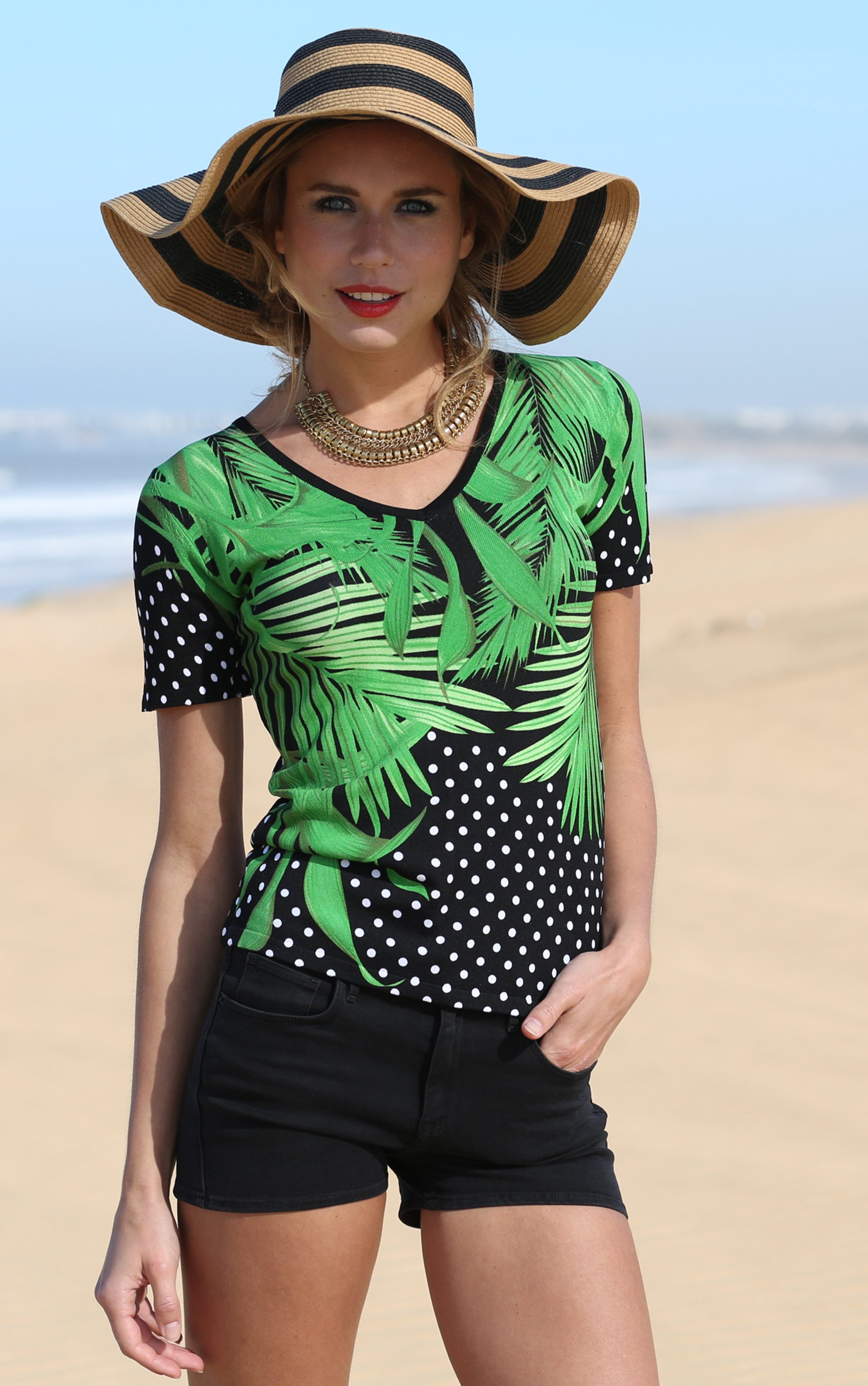 Passioni T-Shirt mit Palmenblatt-Design und Punkten günstig online kaufen