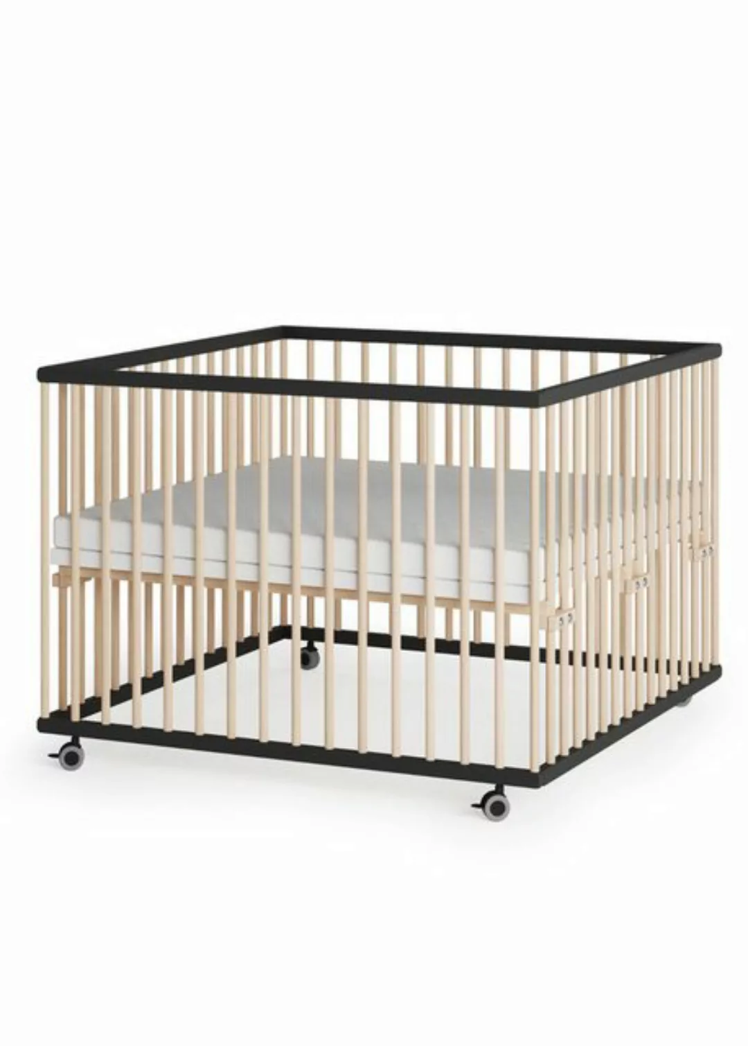 Sämann Babybett Laufgitter 100x100 cm mit Matratze schwarz/natur Premium Ko günstig online kaufen