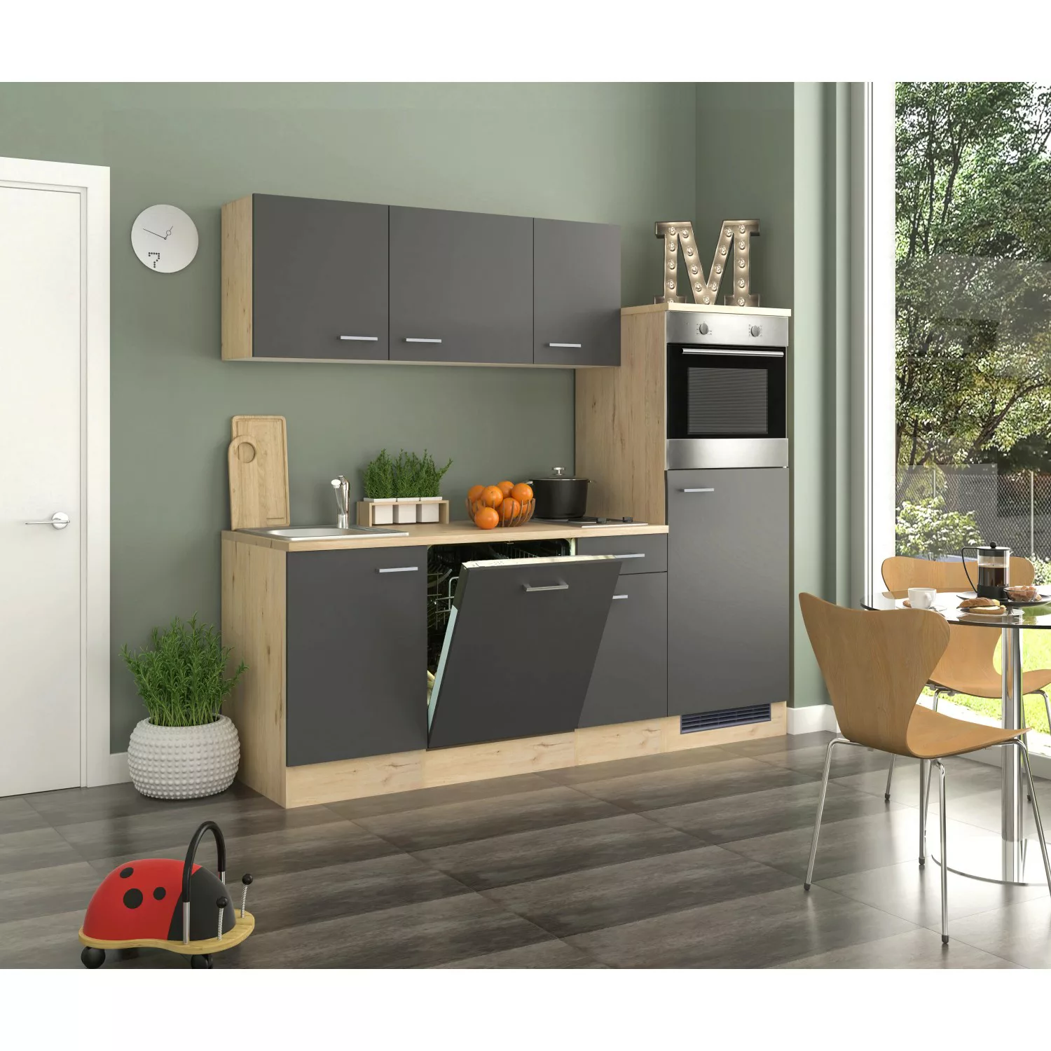 Flex-Well Exclusiv Küchenzeile Morena 210 cm Basaltgrau Matt-San Remo Eiche günstig online kaufen